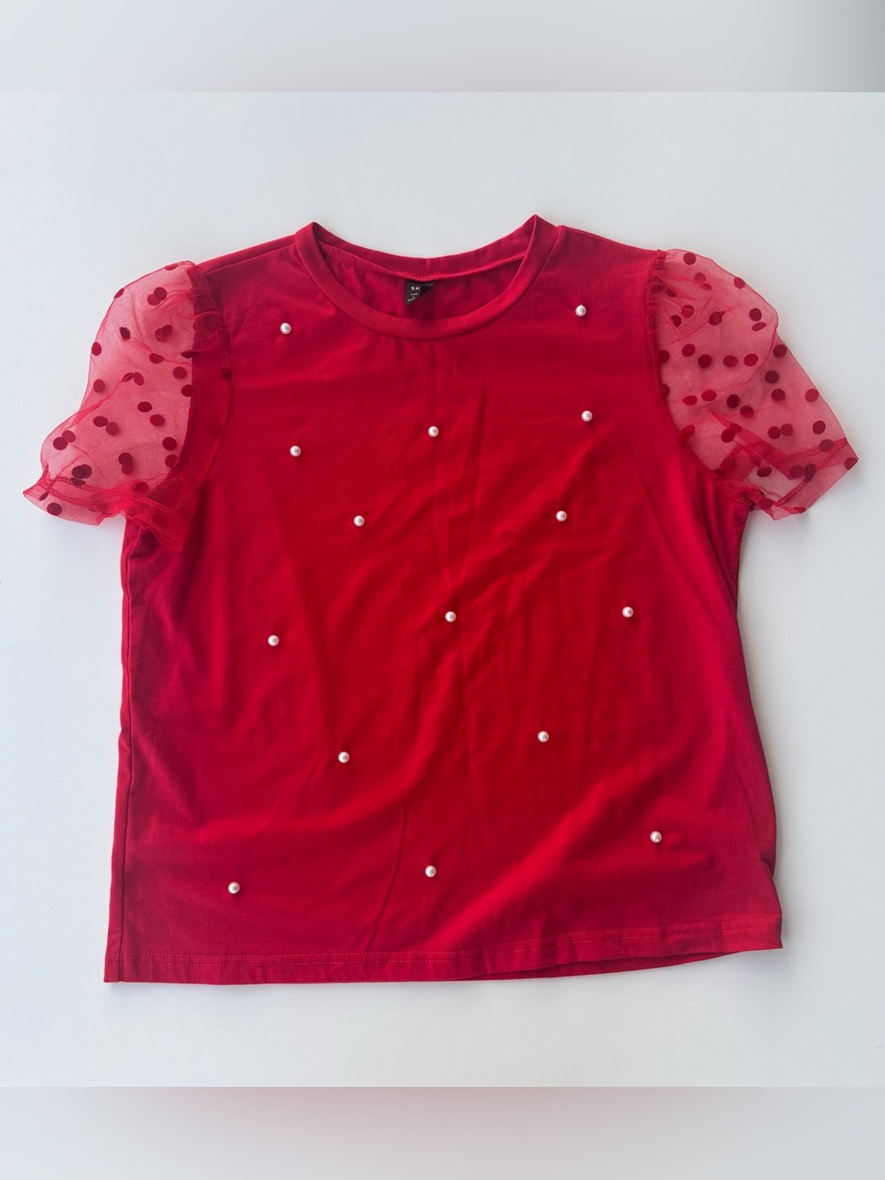 SHEIN Red Top Pearl Embellished Mesh Polka Dot Sleeve Size S